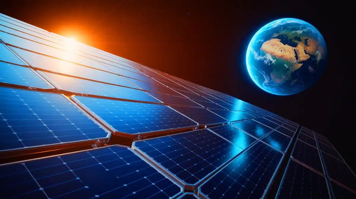 Illustration de panneaux solaires spatiaux captant l'énergie solaire en orbite pour une utilisation terrestre.