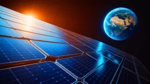 Illustration de panneaux solaires spatiaux captant l'énergie solaire en orbite pour une utilisation terrestre.