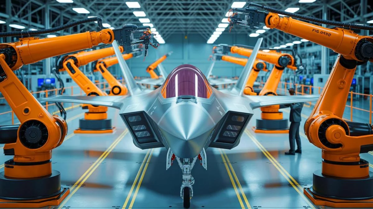 Illustration de la production accélérée des F-35 Lightning II grâce à l'automatisation avancée.