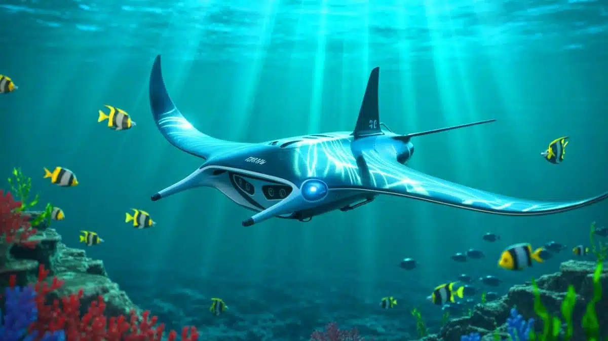 Illustration de la conception biomimétique du drone sous-marin Manta Ray.