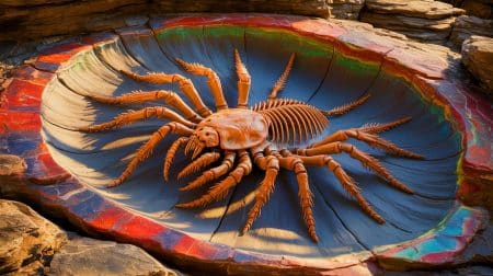 Illustration de la découverte d'un fossile marin remettant en question l'origine terrestre des araignées.