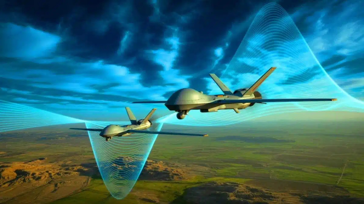 Illustration de la technologie de guerre électronique basée sur des drones créant une zone sécurisée pour les communications alliées.