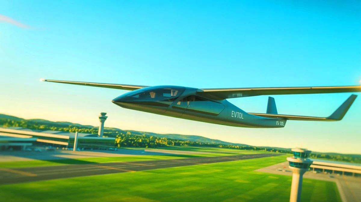 Illustration de l'eVTOL VX-4 de Vertical Aerospace en vol lors d'un événement historique.