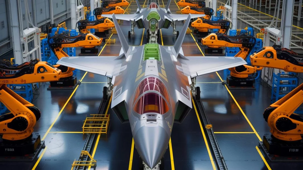 Illustration of Northrop Grumman's advanced manufacturing process for F-35 Lightning II center fuselages.