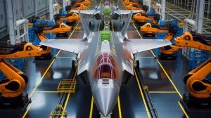 Illustration of Northrop Grumman's advanced manufacturing process for F-35 Lightning II center fuselages.
