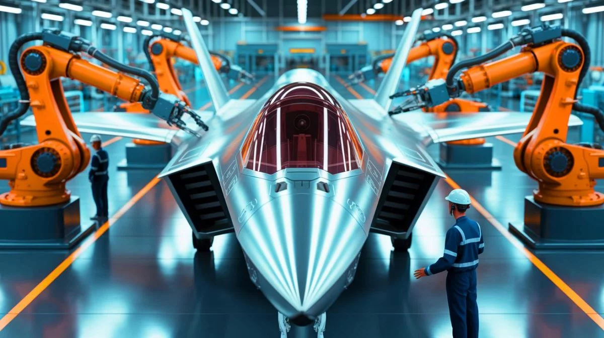 Illustration of Northrop Grumman's advanced manufacturing facility producing F-35 center fuselages.