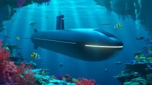 Illustration von einem autonomen Unterwasserfahrzeug im Einsatz für maritime Sicherheitsmissionen.