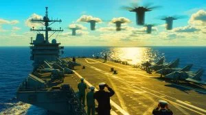 Illustration of U.S. Navy personnel observing unidentified aerial phenomena during the Nimitz Encounters.