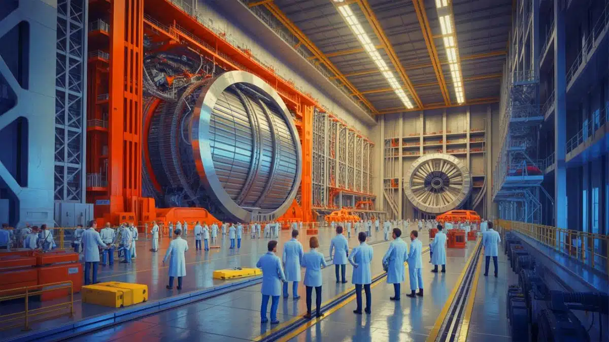 Illustration of the ITER nuclear fusion reactor component delivered from China to advance international energy collaboration.