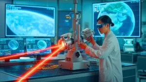 Illustration of Chinese scientists using a 2-watt laser for advanced data transmission in space communication.