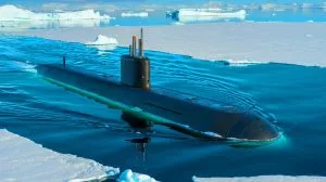 Illustration of a nuclear-powered submarine designed to transport liquefied natural gas beneath Arctic ice.