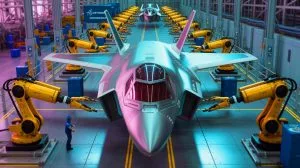 Illustration of Northrop Grumman's advanced manufacturing facility producing the F-35 Lightning II center fuselage.