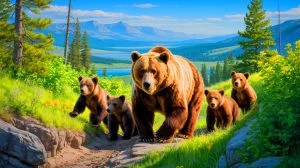 Illustration de la femelle grizzly surnommée « supermom » observée avec ses cinq oursons à Yellowstone.