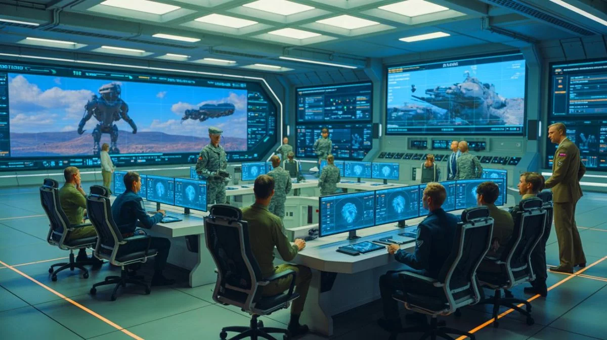 Illustration of Johns Hopkins University's AI-based wargaming tools, GenWar and SAGE, in military strategy simulation.