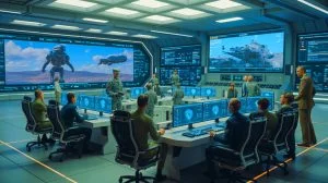 Illustration of Johns Hopkins University's AI-based wargaming tools, GenWar and SAGE, in military strategy simulation.