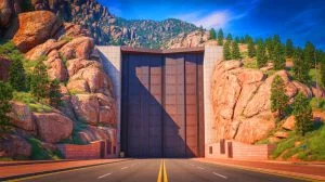 Illustration de l'entrée imposante du complexe de Cheyenne Mountain, symbole de la défense militaire américaine.