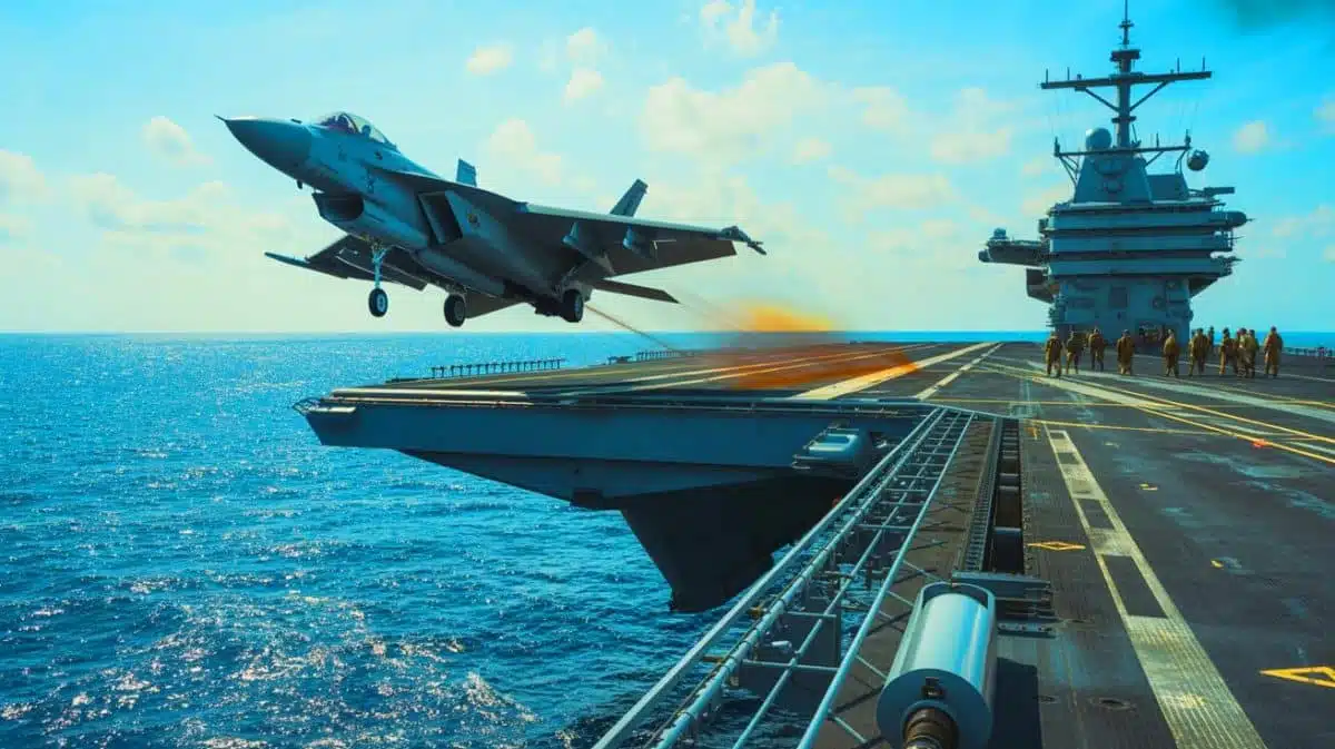 Illustration de l'essai de catapultage sur le porte-avions Fujian de la marine chinoise.