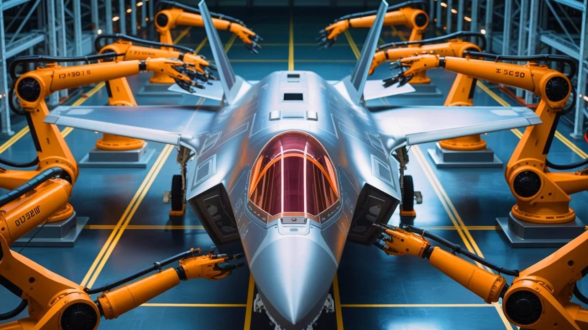 Illustration of Northrop Grumman's advanced manufacturing process for F-35 Lightning II fuselages.