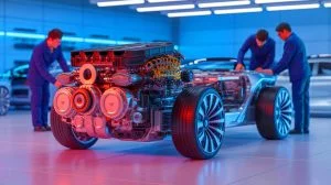 Illustration of new engine technology challenging electric vehicles in sustainable transportation.