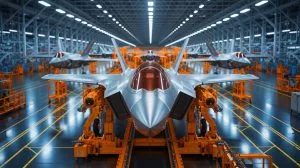 Illustration de la production accélérée des avions de combat F-35 Lightning II grâce à des technologies avancées.