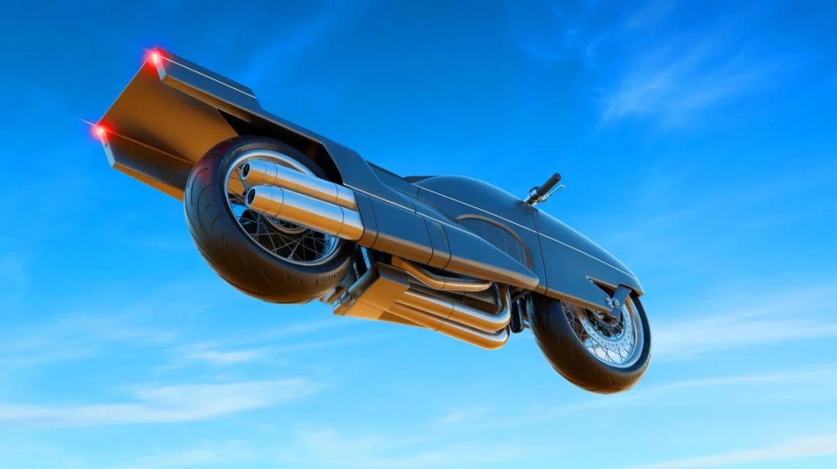 Illustration von einem futuristischen Airbike, das ohne Flügel fliegen kann.