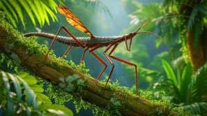 Illustration von der Entdeckung eines riesigen Phasmes in den tropischen Wäldern Australiens.