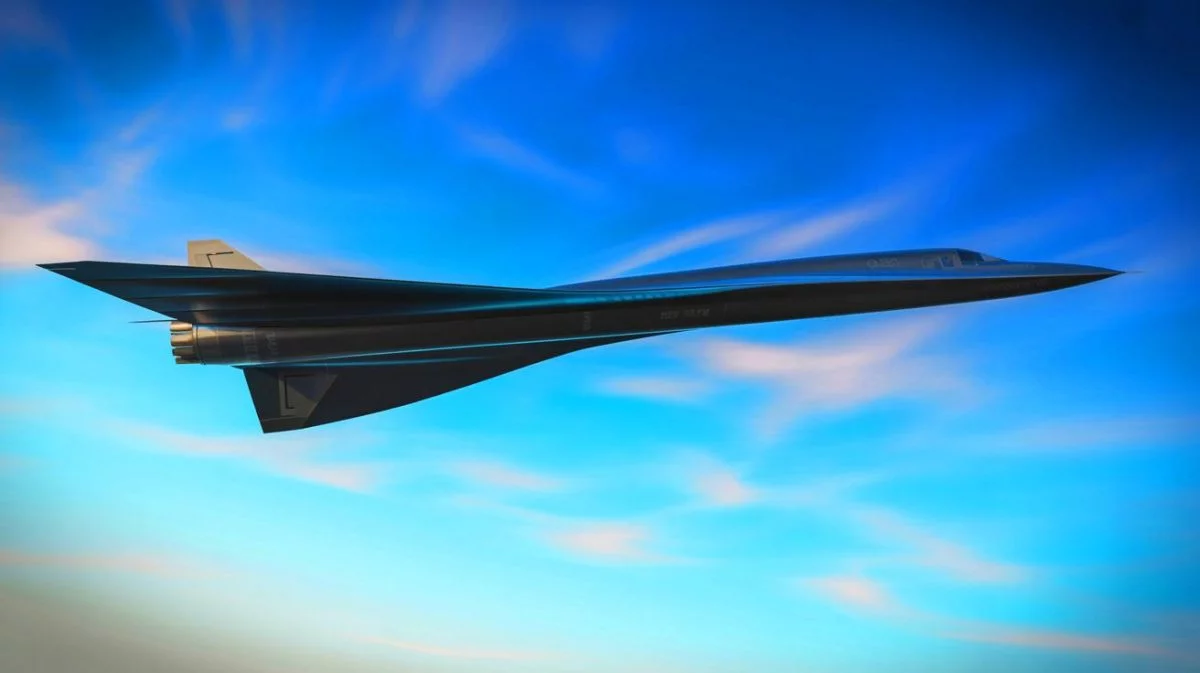 Illustration of the SR-72 "Darkstar" hypersonic aircraft in flight.