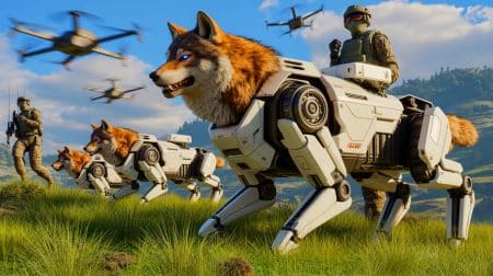 Illustration of China's advanced robot wolves in a military exercise.
