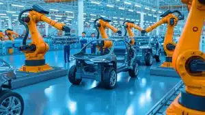 Illustration of robotic arms working on the assembly line of new energy vehicles at an intelligent factory in Changxing, China.