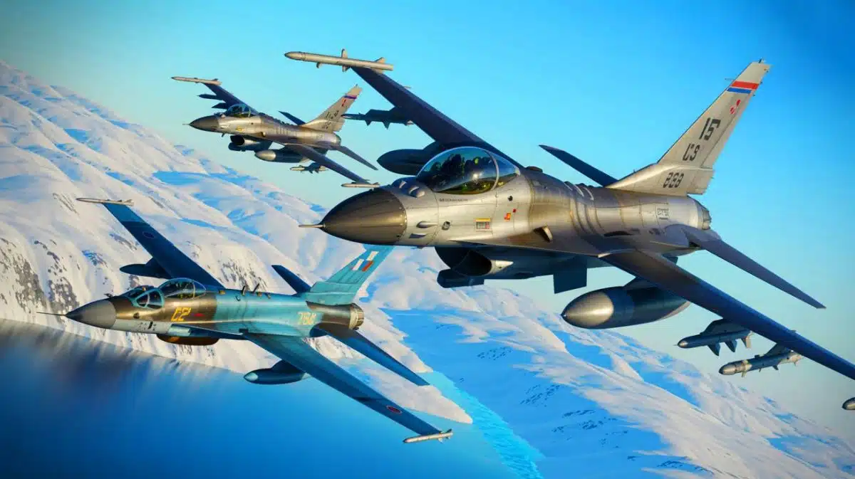 Illustration of U.S. F-16 fighter jets intercepting Russian IL-20 surveillance planes near Alaska.