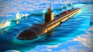 Illustration de sous-marins à propulsion nucléaire russes transportant du gaz naturel liquéfié sous la glace arctique.