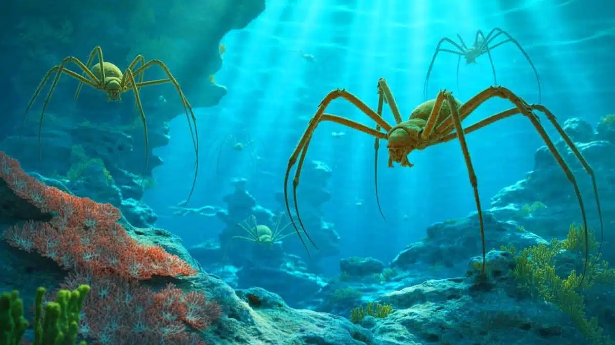 Illustration von der möglichen marinen Herkunft und Evolution der Spinnen.