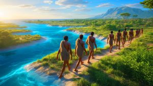 Illustration of ancient migratory routes used by early humans out of Africa.