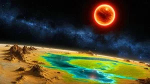 Illustration von der Entdeckung einer potenziell lebensfreundlichen Super-Erde in der habitablen Zone eines roten Zwergsterns.