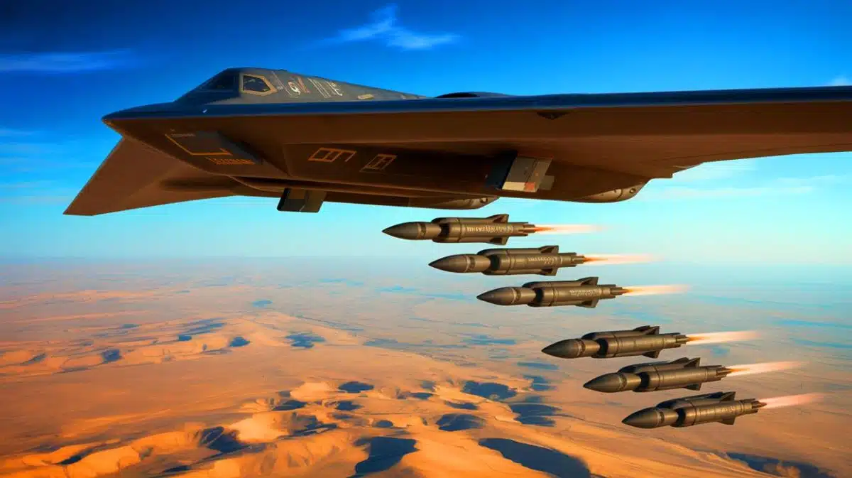 “Death From Above Draws a Grin”: B-2 Stealth Bomber Leaves Smiley Face of Craters After Running Out of Targets Illustration of a B-2 bomber performing a precision strike test with JDAMs.