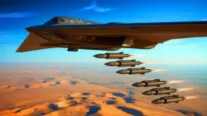 Illustration of a B-2 bomber performing a precision strike test with JDAMs.