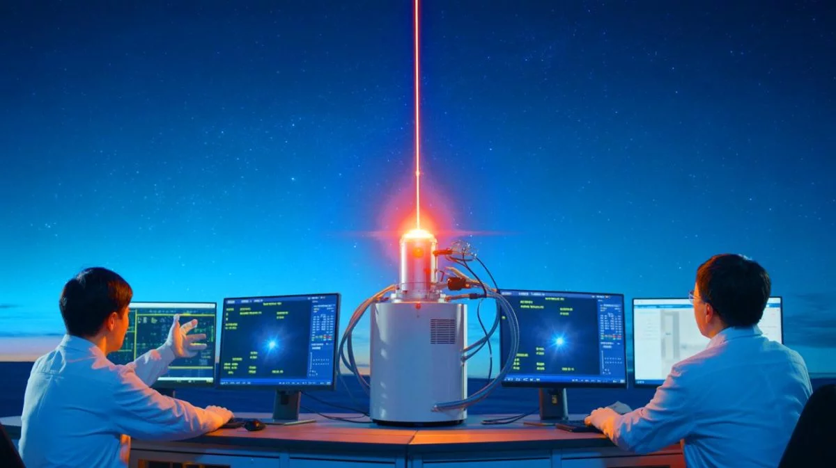 Illustration of Chinese scientists using a 2-watt laser for high-speed data transmission from space.
