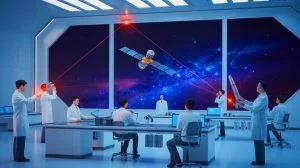 Illustration of Chinese scientists achieving a breakthrough in data transmission using laser technology.