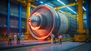 Illustration of the ITER project's nuclear fusion reactor with its newly delivered magnetic power supply component.