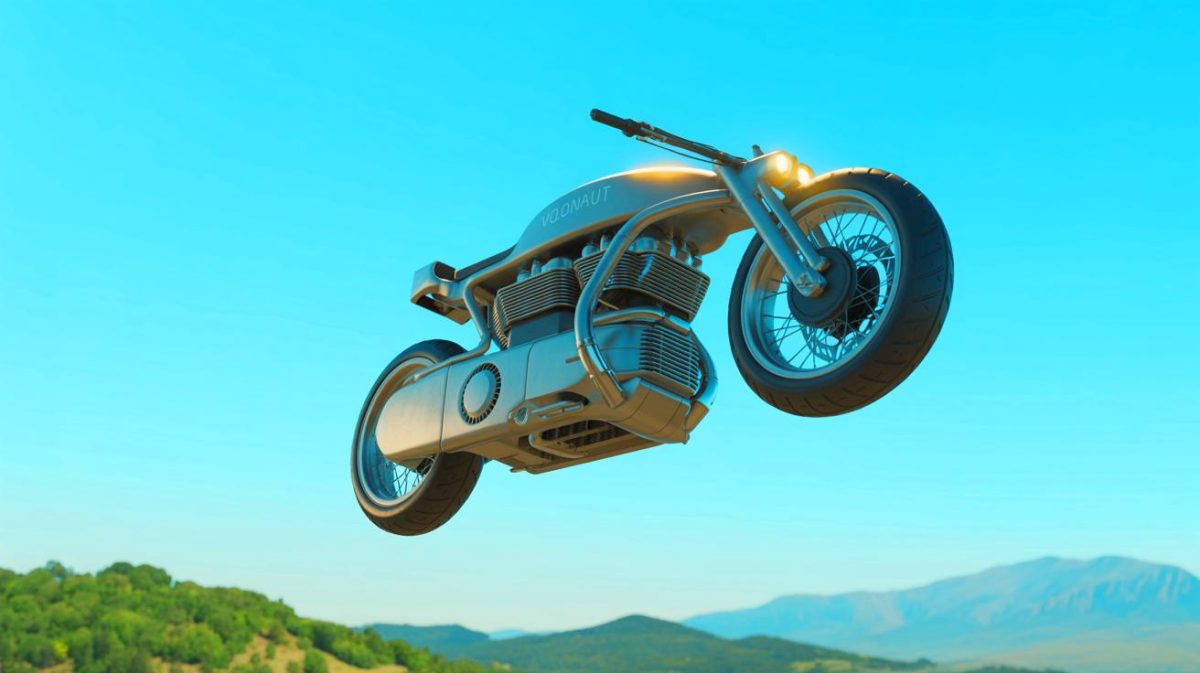 Illustration of a jet-powered Volonaut Airbike demonstrating vertical takeoff and flight capabilities.