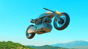 Illustration of a jet-powered Volonaut Airbike demonstrating vertical takeoff and flight capabilities.