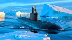 Illustration de sous-marins russes transporteurs de GNL propulsés par des réacteurs nucléaires le long de la Route maritime du Nord.