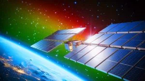 Illustration of space-based solar panels capturing sunlight in orbit.