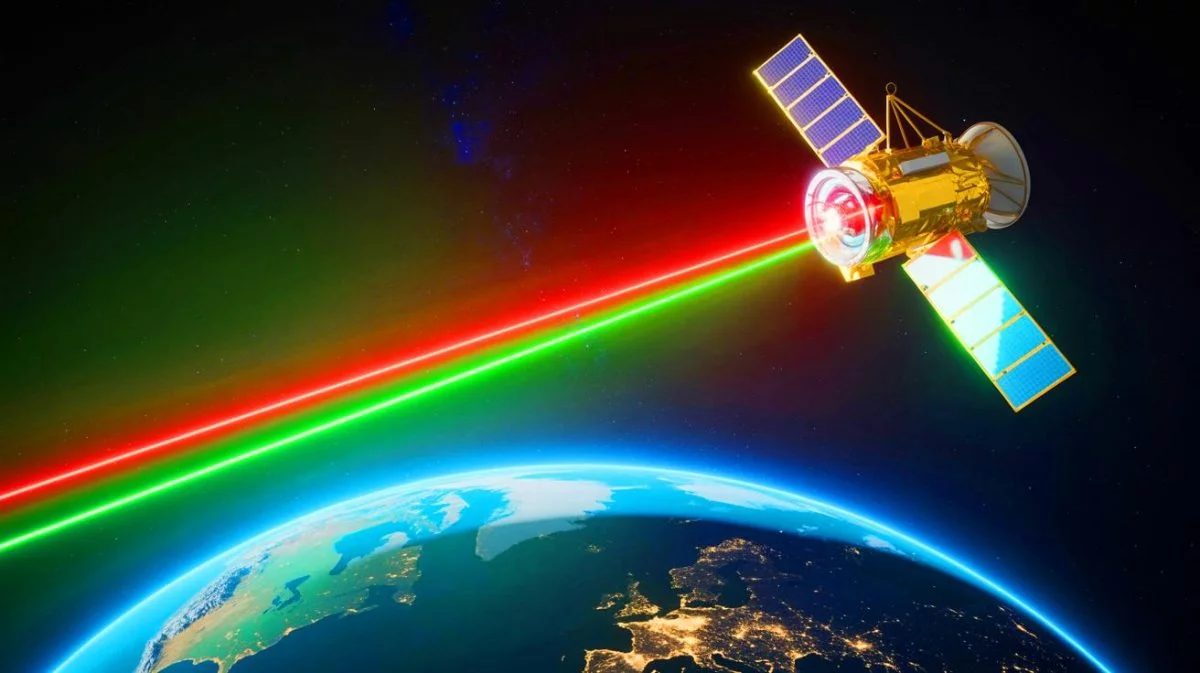 Illustration de la transmission de données par laser depuis l'espace à une vitesse record de 1 Gbit/s.