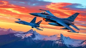 Illustration de l'interception d'avions espions russes par des chasseurs F-16 américains près de l'Alaska.