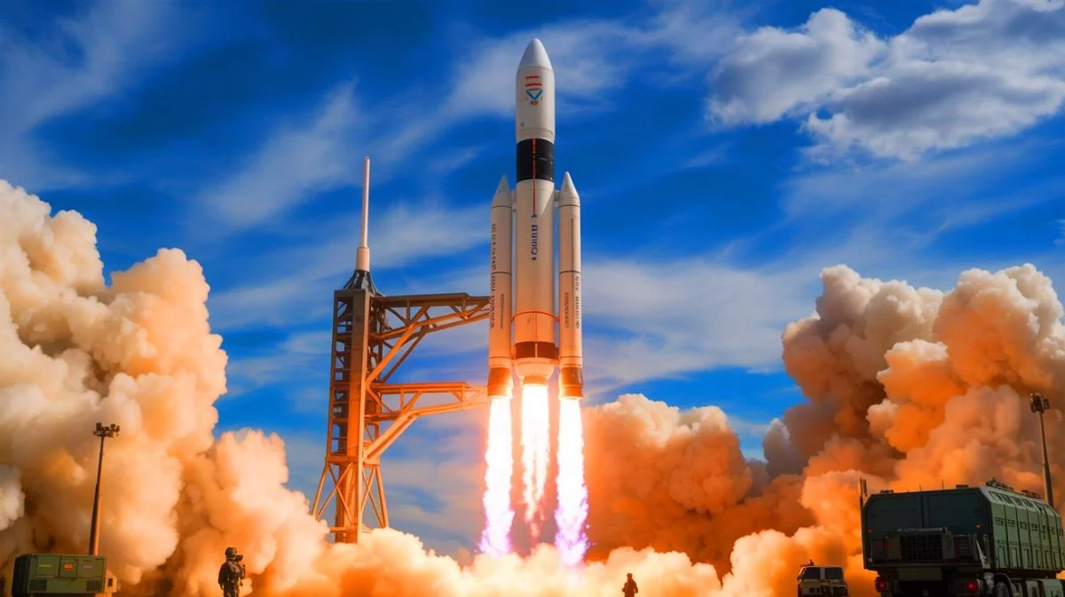 Illustration of a rocket cargo system designed for rapid global delivery.