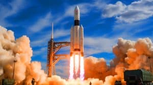 Illustration of a rocket cargo system designed for rapid global delivery.