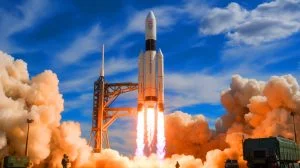 Illustration of a rocket cargo system designed for rapid global delivery.