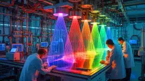 Illustration of light being transformed into a supersolid through advanced scientific experimentation.