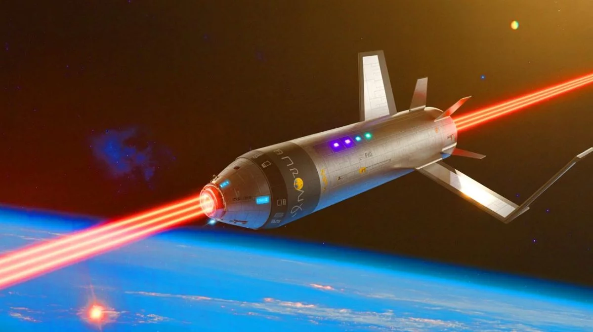 Illustration of the X37-B Orbital Test Vehicle in space with advanced communication lasers and quantum sensors.